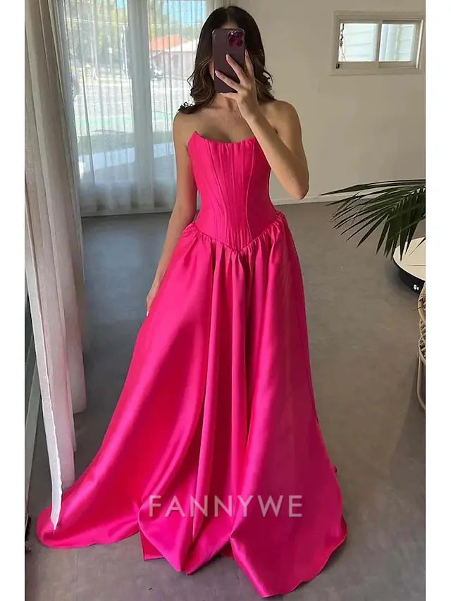 FannyWe Simple  A-Line Hot Pink Prom Drop Waist Dresses Elegant Corset Dress Formal Evening Party Floor Length Sleeveless Off Shoulder Satin with Ruched
